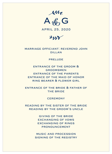 Graceful vines surround your initials and wedding date on the Lovely Lettering Wedding Programs.