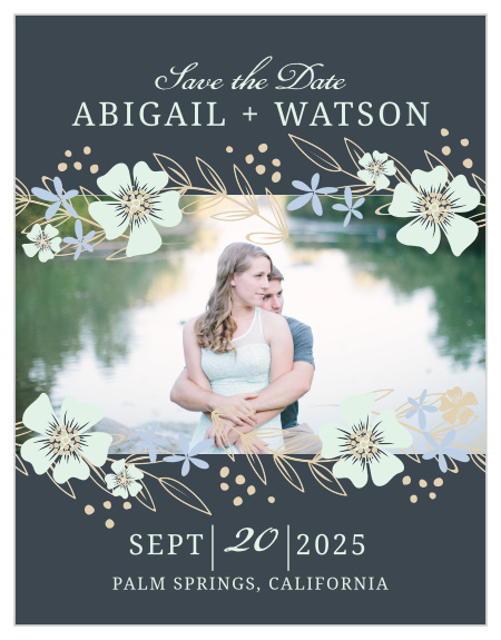 Whimsical flowers frame your engagement photo on the Radiant Garden Save-the-Date Magnets.