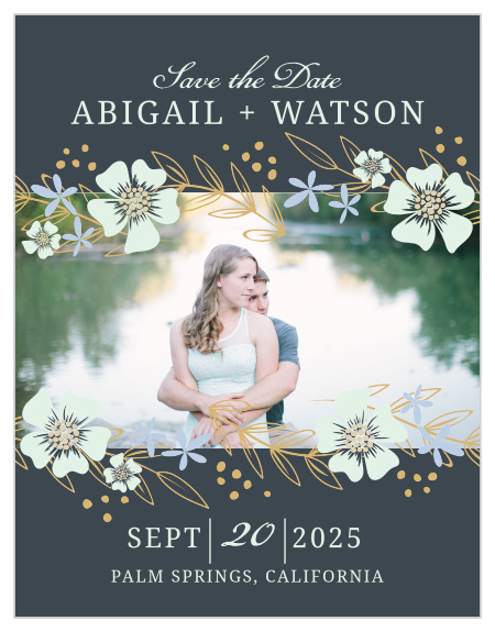 Whimsical flowers frame your engagement photo on the Radiant Garden Foil Save-the-Date Cards.