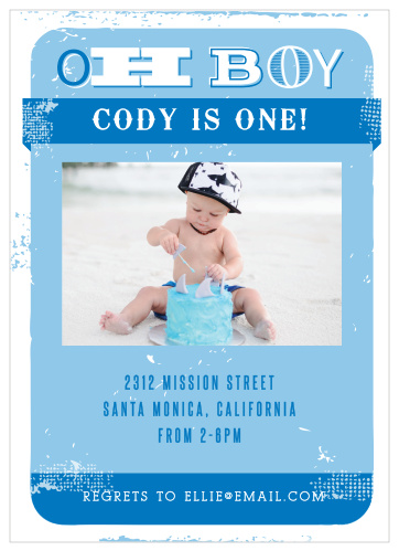 Add your son’s photo to the artistically distressed Oh Boy First Birthday Invitations. 