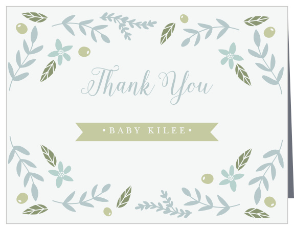 Graceful foliage and olives make a festive border on the Wild Garden Thank You Cards. 