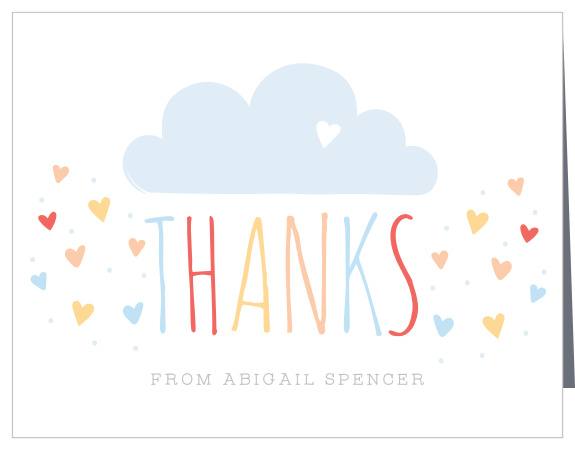 Doodle hearts rain down from a cheery raincloud on the Sprinkled With Love Thank You Cards.

