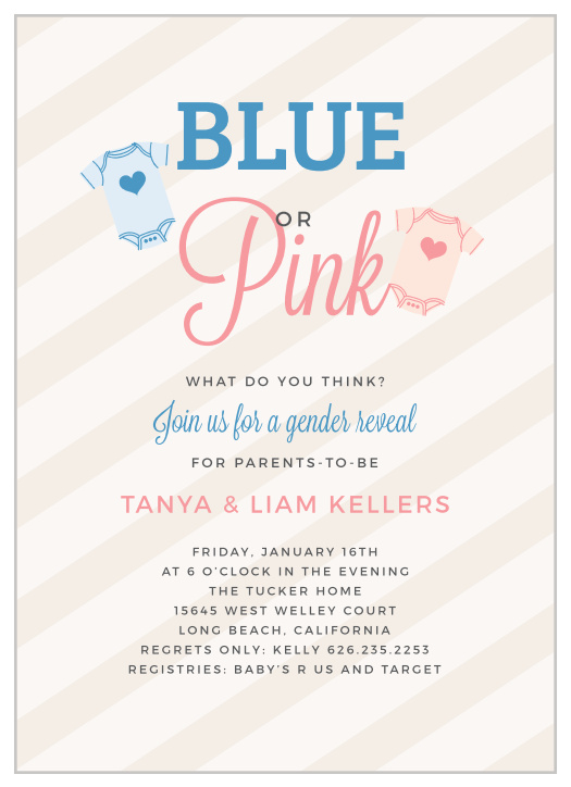 Is it a boy? Is it a girl? Invite friends and family for your gender reveal party with our Big Reveal Baby Shower Invitations.