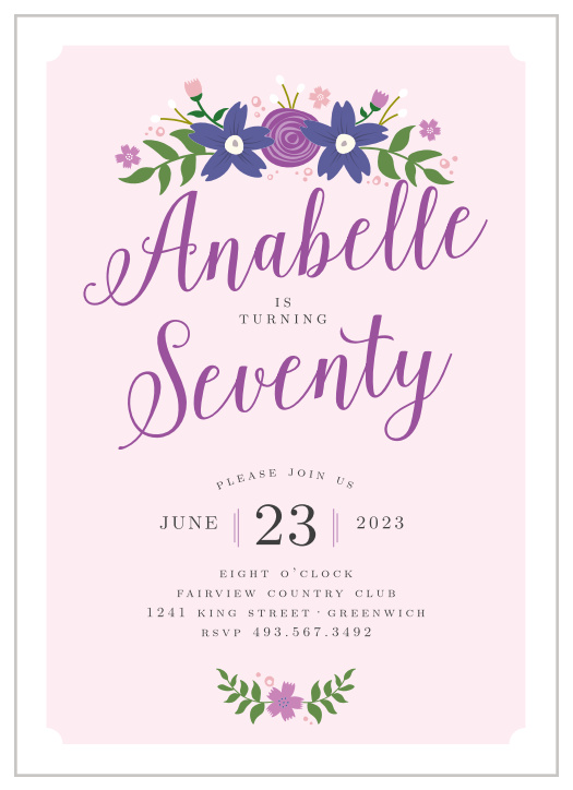A thick scallop frame and gorgeous floral details decorate the Country Club Milestone Birthday Party Invitations.