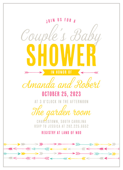 Trendy arrows accent your text on the Couple’s Shower Baby Shower Invitations.
