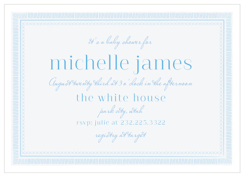 A cute, homey border frames the Baby Blanket Boy Baby Shower Invitations.