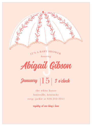 An umbrella festooned with flowers gives the Garden Rain Baby Shower Invitations a whimsical feel.
