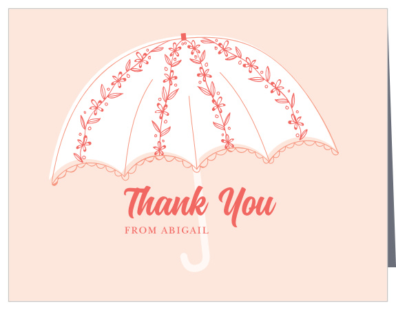 A whimsical umbrella festooned with flowers decorates the Garden Rain Baby Thank You Cards.