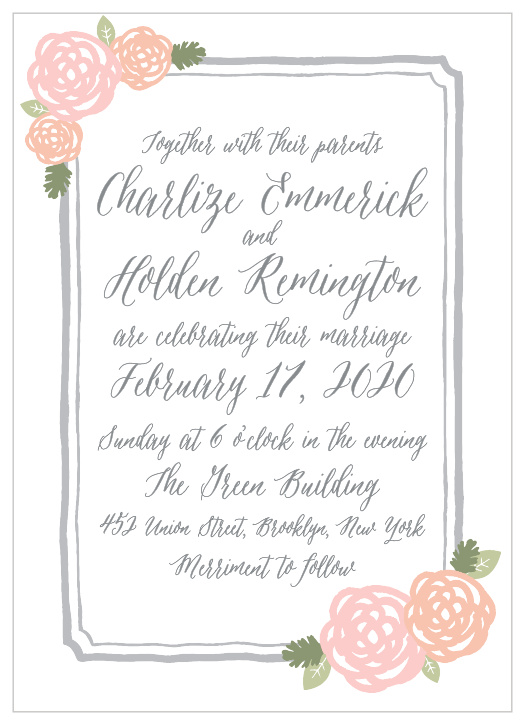 Sweet rosettes touch the corners of the Neutral Chic Wedding Invitations. 