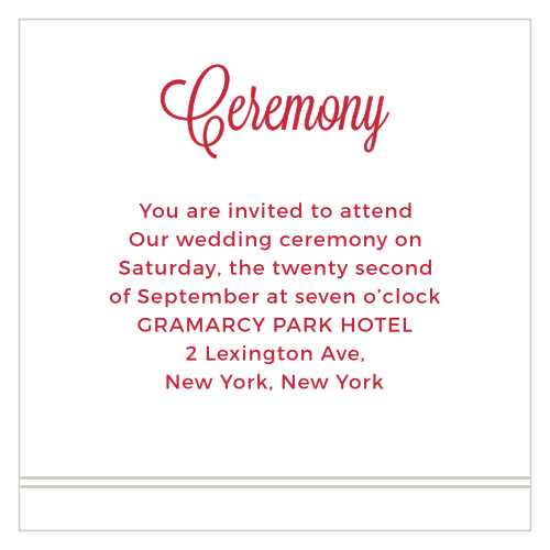 Invite friends and family to your private wedding ceremony with the Rhapsody in Red Ceremony Cards.