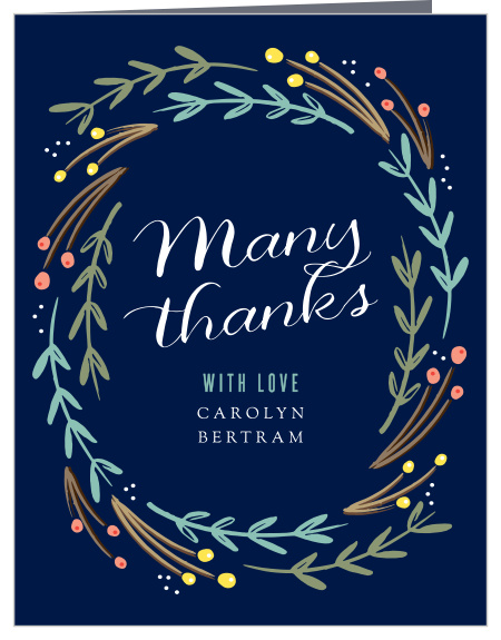 A circle of foliage surrounds your text on the Floral Swirl Party Thank You Cards.