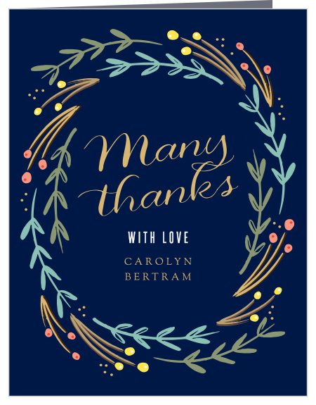 A circle of foliage surrounds your text on the Floral Swirl Foil Party Thank You Cards.