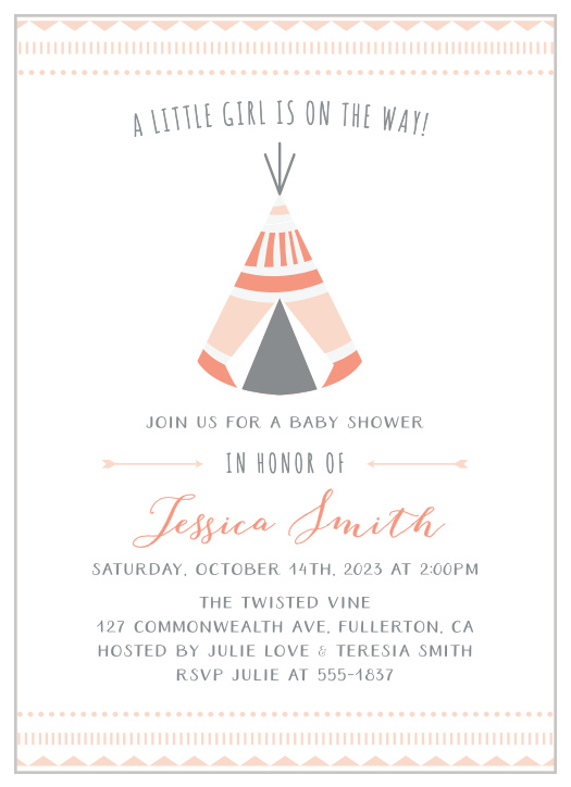 The southwestern pattern and theme of the geometric teepee are the perfect way to invite your guests to your baby shower. The colors and fonts can all easily be changed to perfectly match the theme of your event. 