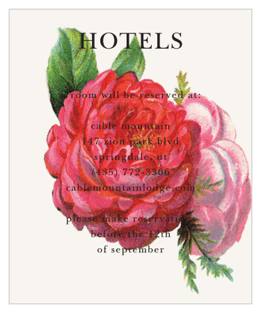 Featuring corners decorated with a red and white rose, respectively, and with midnight black text on a pearl white back, Vintage Florals Accommodation Cards are a gorgeous method for suggesting the best local hotel to your coming-from-out-of-town guests.