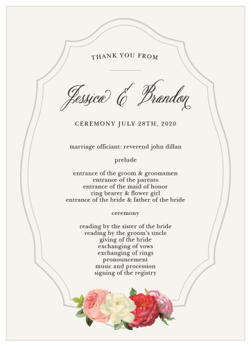 Featuring midnight black text against a pearl white background and gently framed by intricately traced smoky gray lines, our Vintage Florals Wedding Programs are perfect for guiding your guests through the events of your wedding day.