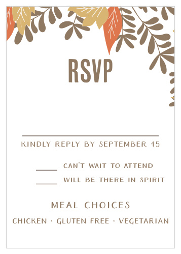 Customize the fall foliage of the Autumn Leaves Foil Response Cards with your wedding colors.
