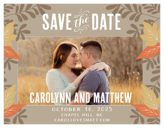 Announce you're getting married with your engagement photo on the Autumn Leaves Foil Save-the-Date Magnets.