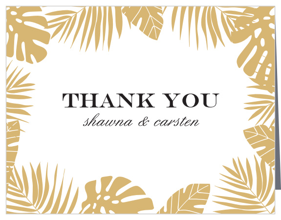 Surround your gratitude with the summery foliage of the Tropical Palm Foil Thank You Cards.