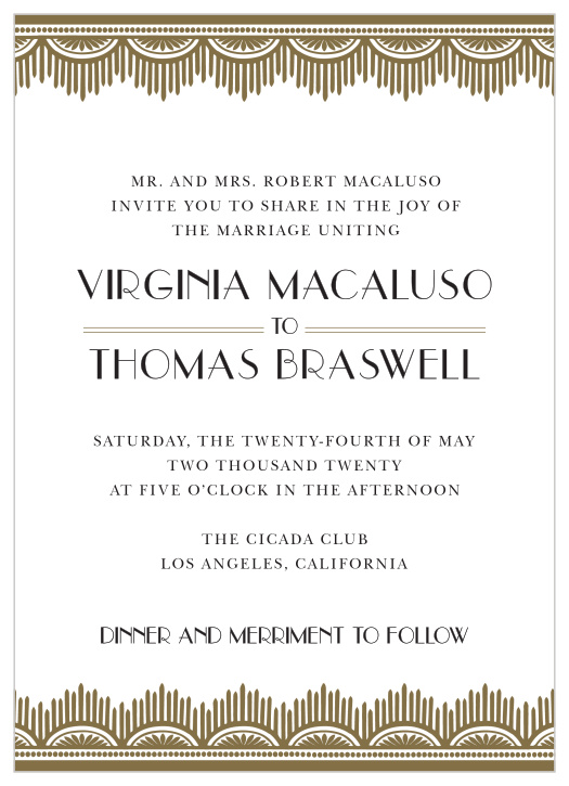 Dress your invites with the vintage class of the Roaring Twenties Wedding Invitations.