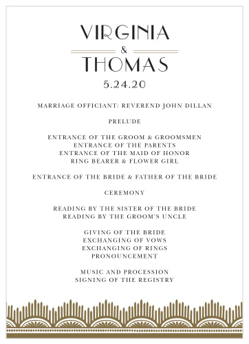 Dress your ceremony schedule with the vintage class of the Roaring Twenties Wedding Programs.