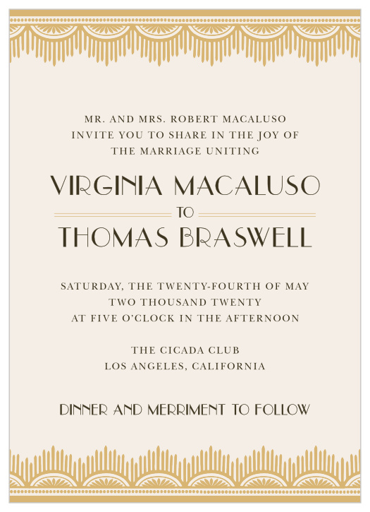 Dress your invites with the vintage class of the Roaring Twenties Foil Wedding Invitations.