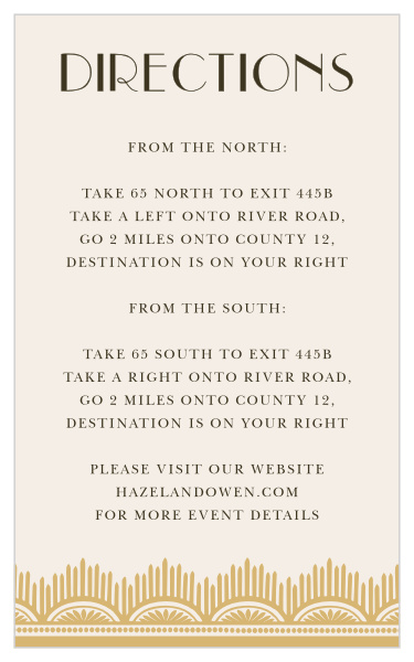 Dress driving directions to your wedding venue in the vintage class of the Roaring Twenties Foil Direction Cards.
