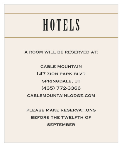 Use the contemporary elegance of the Diamond Field Foil Accommodation Cards to give guests reservation details.