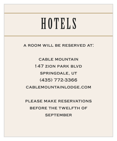 Use the contemporary elegance of the Diamond Field Accommodation Cards to give guests reservation details.