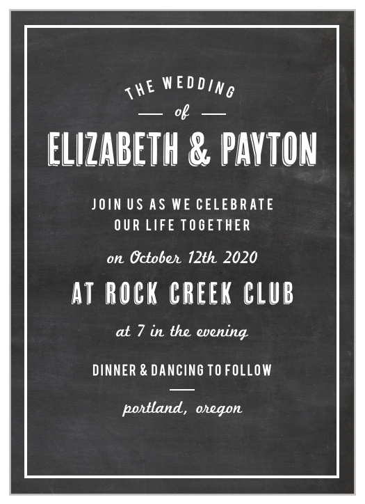 Show off your simple, unique style with the Chalkboard Stamp Wedding Invitation and matching invitation suite.