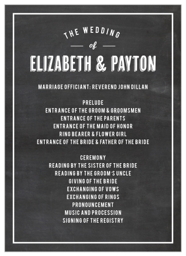 The Chalkboard Stamp Wedding Programs are a unique and simple way to outline your wedding, especially when coupled with the matching Chalkboard Stamp Invitation Suite.