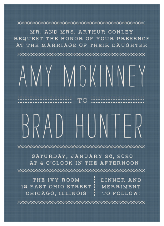 Invite friends and family to a warm, welcoming event with the Cross Stitched Wedding Invitations.