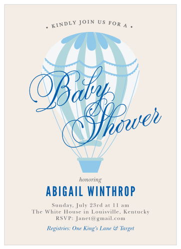 Invite friends and family for a grand adventure with the Hot Air Balloon Boy Baby Shower Invitations.
