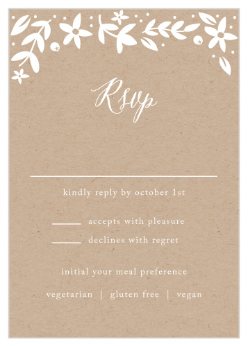 A crown of playful flowers and a kraft background make the Silent Garden Response Cards whimsically rustic.