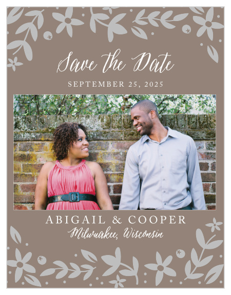 Playful florals and a kraft background makes the Silent Garden Save-the-Date Cards a whimsically rustic way to announce your wedding.