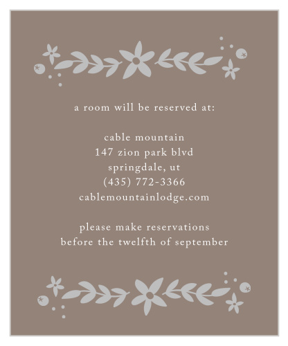 Playful florals and a kraft background give the Silent Garden Foil Accommodation Cards a whimsically rustic appeal.