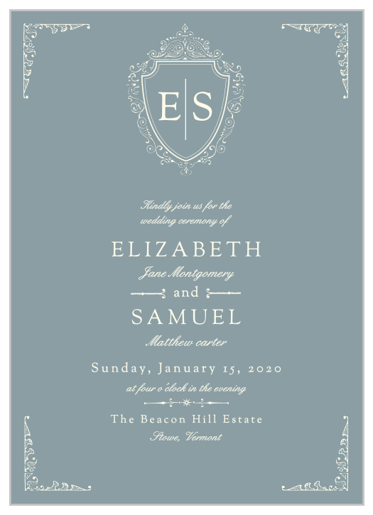 A luxurious badge containing your initials tops the Scrolling Monogram Wedding Invitations.