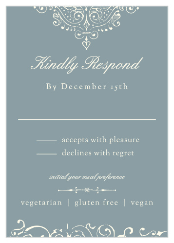 Opulent antique details decorates the top and the bottom of the Scrolling Monogram Response Cards.