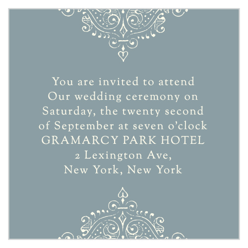 Opulent and vintage details decorate the top and the bottom of the Scrolling Monogram Ceremony Cards.