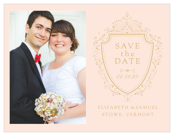 Declare your intent to wed with the vintage opulence of the Scrolling Monogram Foil Save-the-Date Cards.