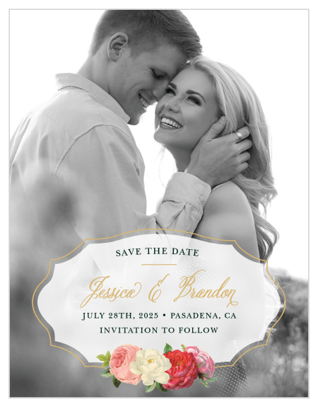 With a gorgeous picture of the bride- and groom-to-be gracing the background of our Vintage Florals Foil Save-the-Date Magnets, overlayed by an elegant, opaque insignia with a gold foil outline that features a soft script and is signed off by a trio of roses, you can be assured that its recipients will be awestruck.
