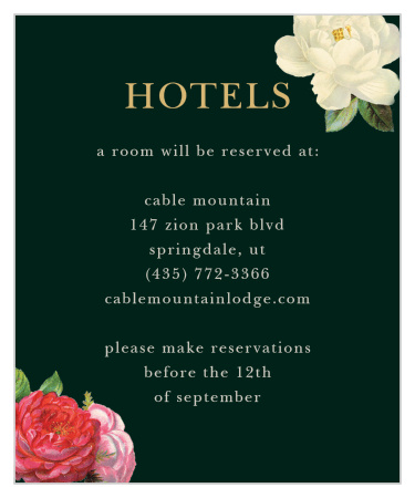 Featuring corners decorated with a red and white rose, respectively, a gold foil title, and with smoky gray text on a eucalyptus green back, Vintage Florals Foil Accommodation Cards are a gorgeous method for suggesting the best local hotel to your coming-from-out-of-town guests.