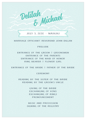With the Modern Beachside Wedding Programs add your ceremony schedule to the front of this design in the font of your choice.