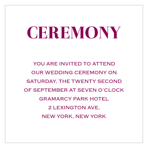 We've embellished a pearl white background with your ceremony information in bliss pink typeface, so that Vintage Novel Ceremony Cards can be your first choice for informing your guests.
