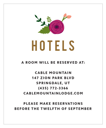 The title of our Bold Blooms Accommodation Cards is a block-style lettering, with thick characters, wide spacing, and an earthy pecan-color.