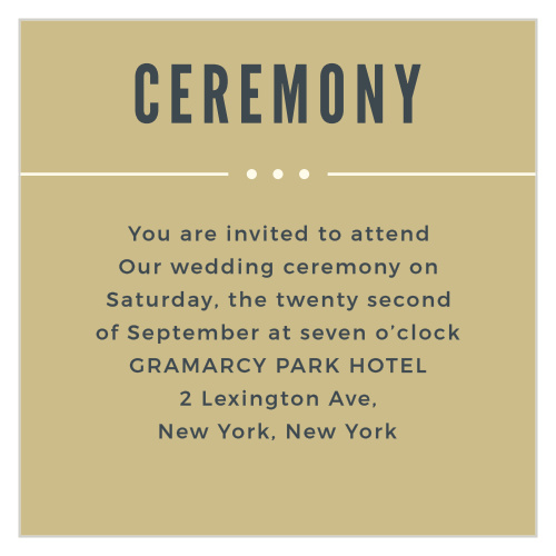 Our Crossing the Bridge Ceremony Cards use a subtle gold background, contrasted with a gorgeously modern blue-gray text.