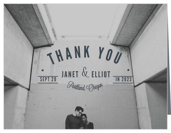 Over a background that's simply a beautiful photo of the two of you, we've placed a deep onyx text bearing the purpose of our Crossing the Bridge Thank You Cards.