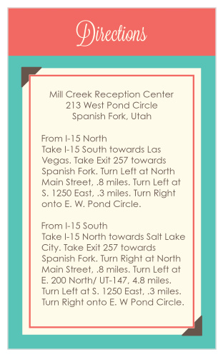 With scrapbook inspired accents, such as faux photo corners, to match the Timeless Plaid Scrapbook invite, this versatile directions card is the perfect enclosure card for almost any couple.