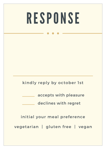 Our Crossing the Bridge Foil Response Cards use a subtle cream background, contrasted with a gorgeously modern onyx text, and then accentuate the important details with soft gold lines.