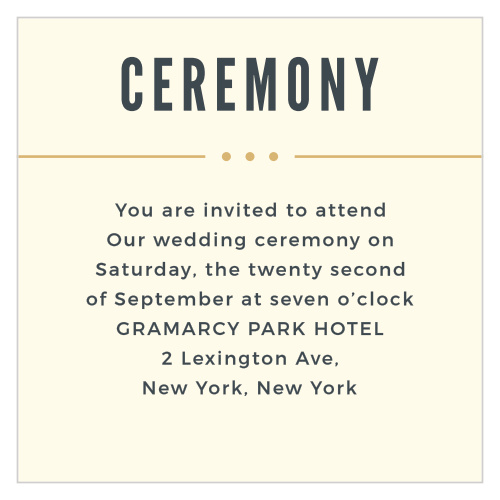 Our Crossing the Bridge Foil Ceremony Cards use a subtle cream background contrasted with a gorgeously modern onyx text.