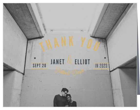 Over a background that's simply a beautiful photo of the two of you, we've placed a shining gold text bearing the purpose of our Crossing the Bridge Foil Thank You Cards.